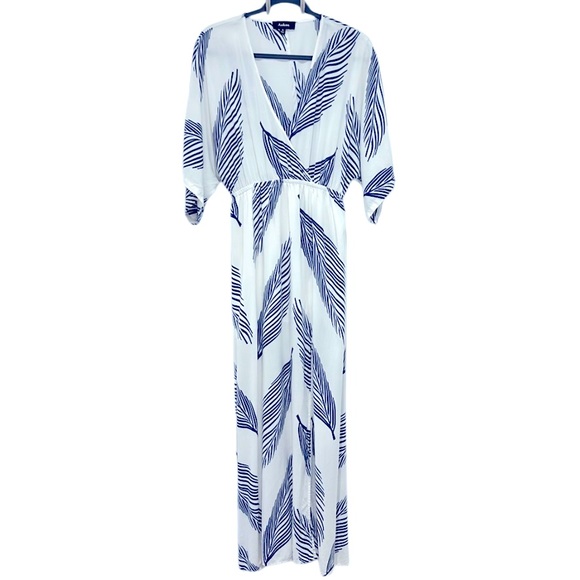 Aakaa Whitney White Blue Leaf Palm Maxi Dress Women S Resort Flowy Vaca Hawaiian - Picture 1 of 11